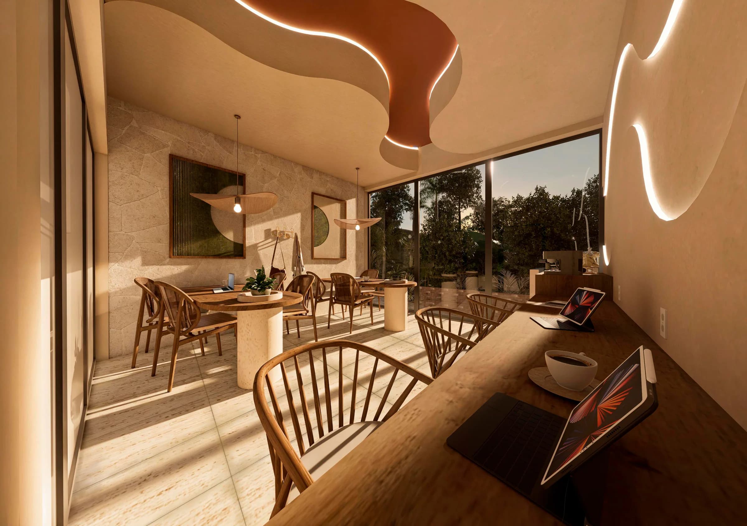 Coworking lounge with shared tables and warm natural finishes