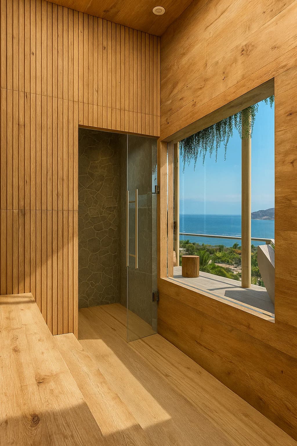 Wood-lined panoramic sauna overlooking the ocean