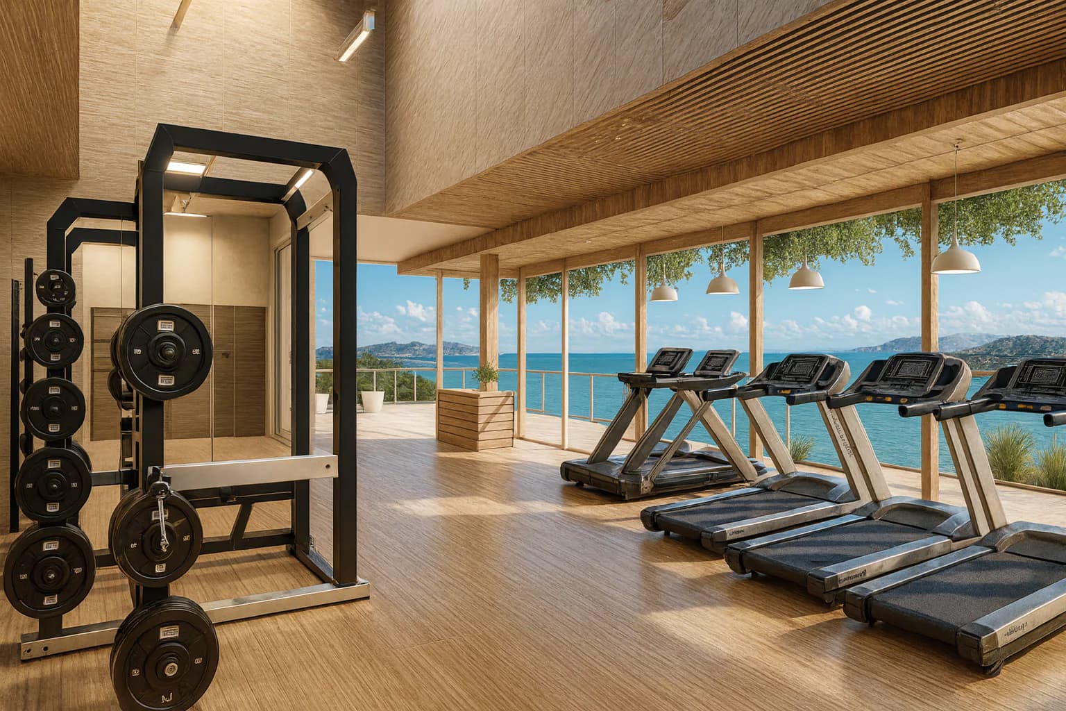 Rooftop fitness room with exercise equipment and ocean views