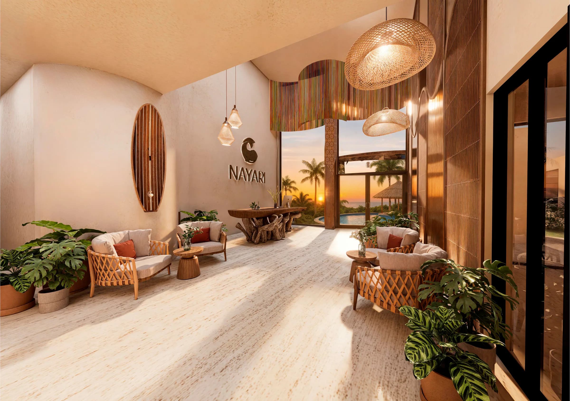 Natural material details in Nayari’s arrival lobby