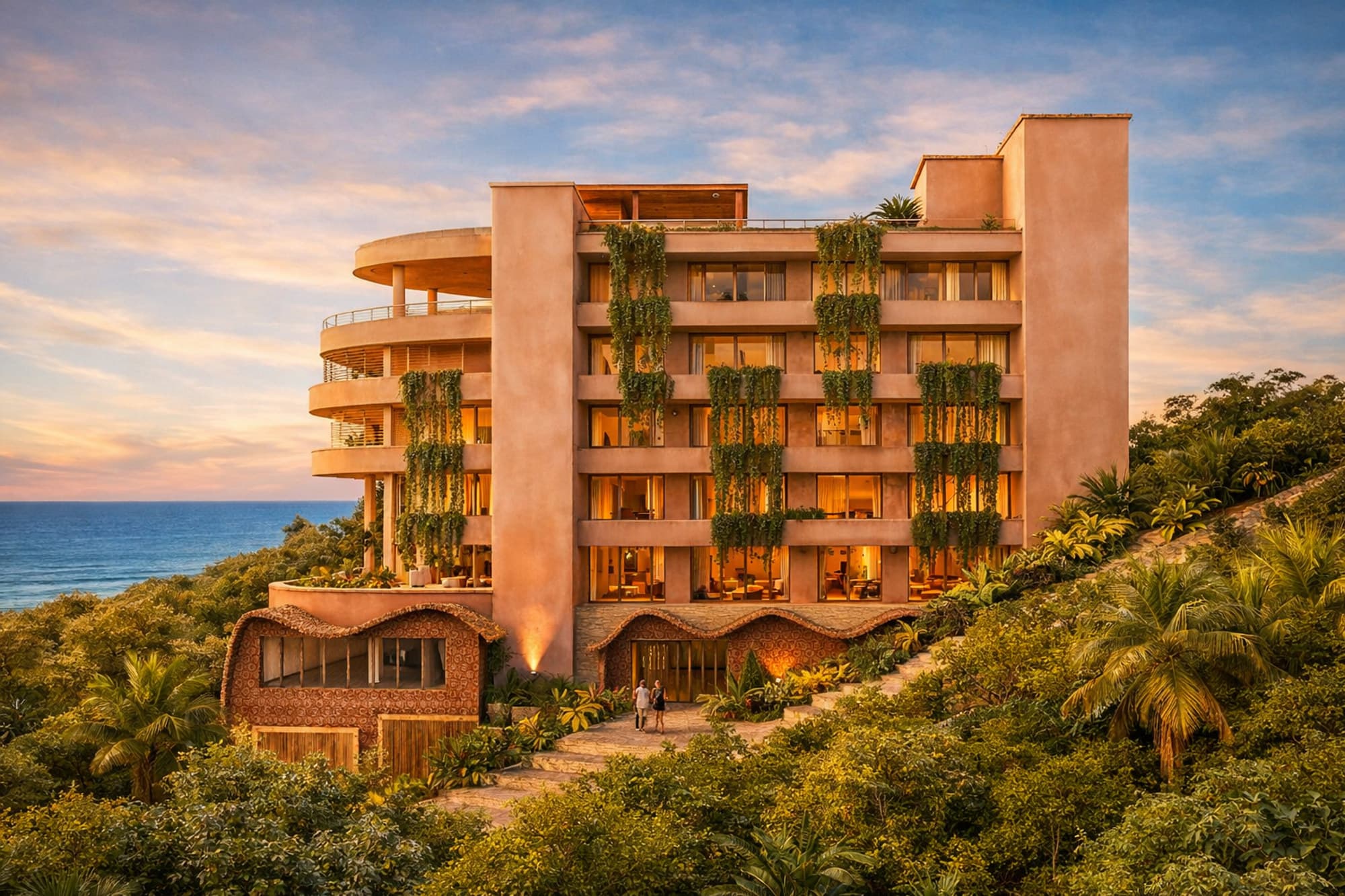 Nayari’s contemporary tropical facade framed by local vegetation