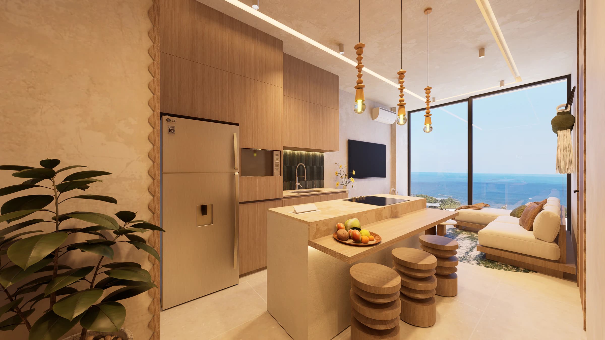 One-bedroom kitchen and living area with the ocean visible through full-height glass