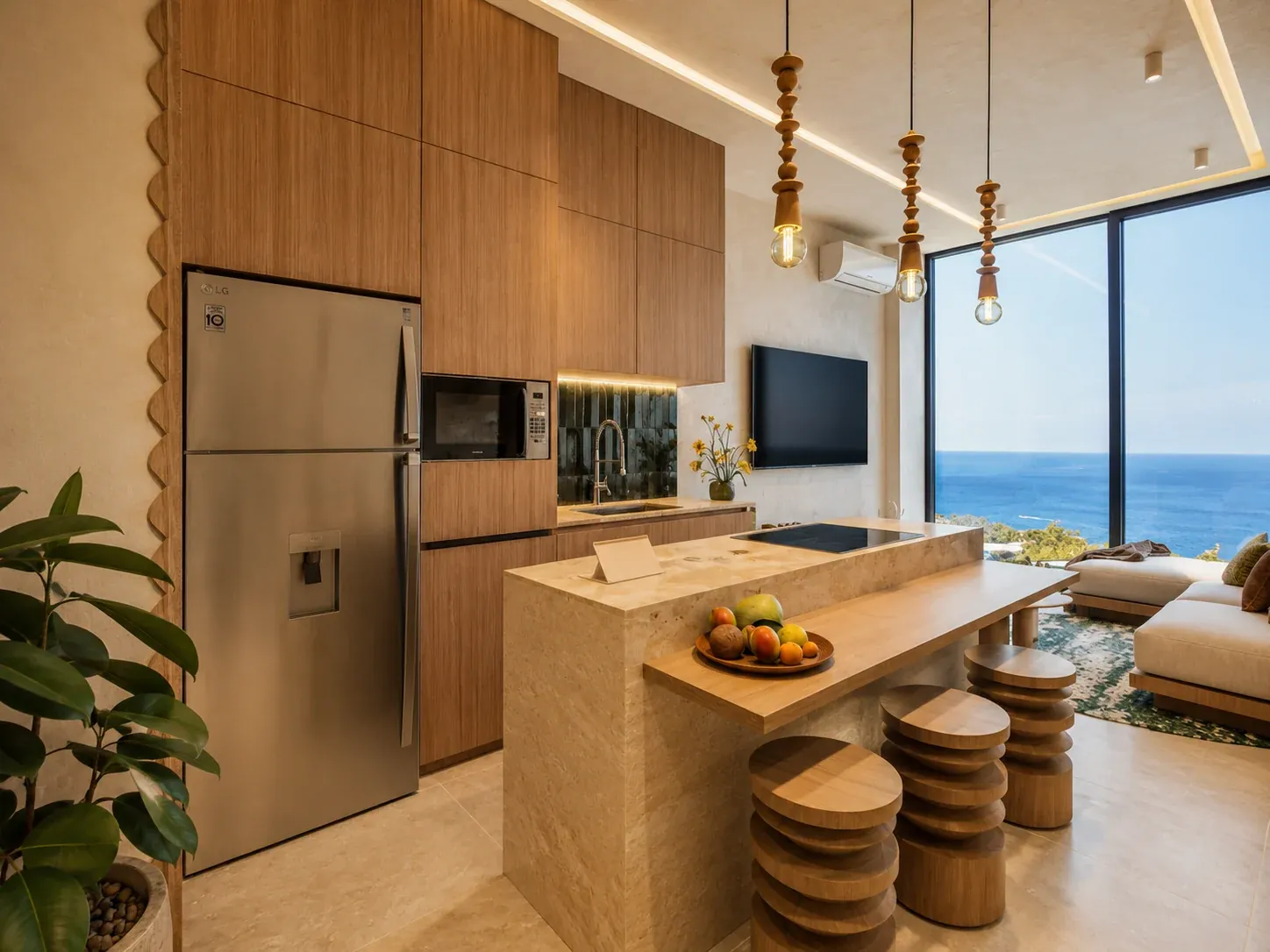 One-bedroom kitchen and living area with the ocean visible through full-height glass
