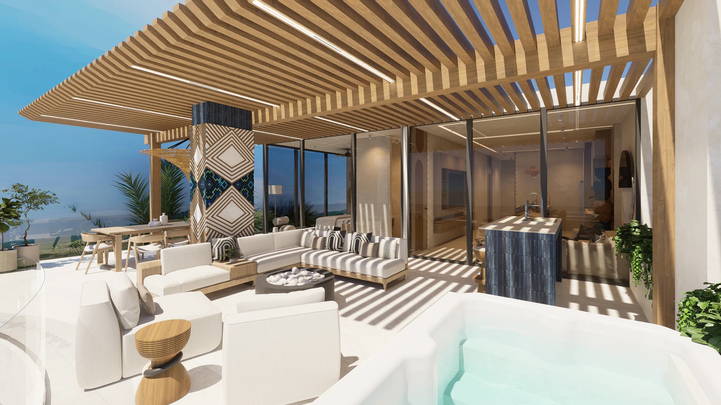 Outdoor lounge and dipping pool in the Grand Terrace 607 configuration with the ocean visible beside the terrace