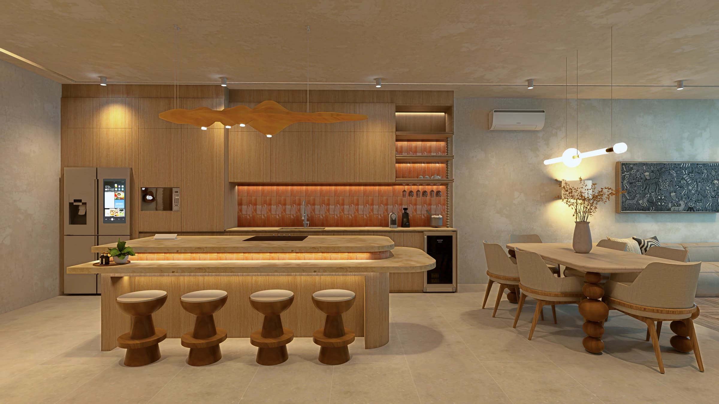 Open kitchen and dining area in a two-bedroom Nayari residence