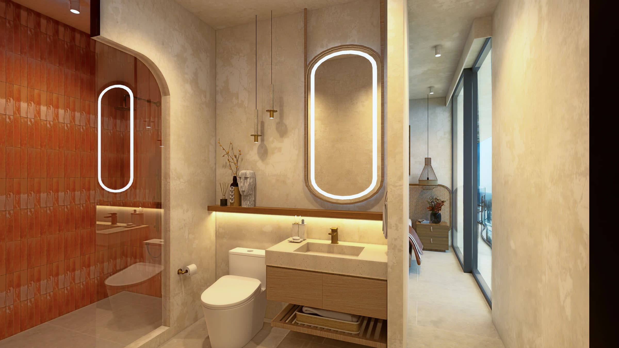 Bathroom interior and adjacent glazed corridor in a two-bedroom Nayari residence