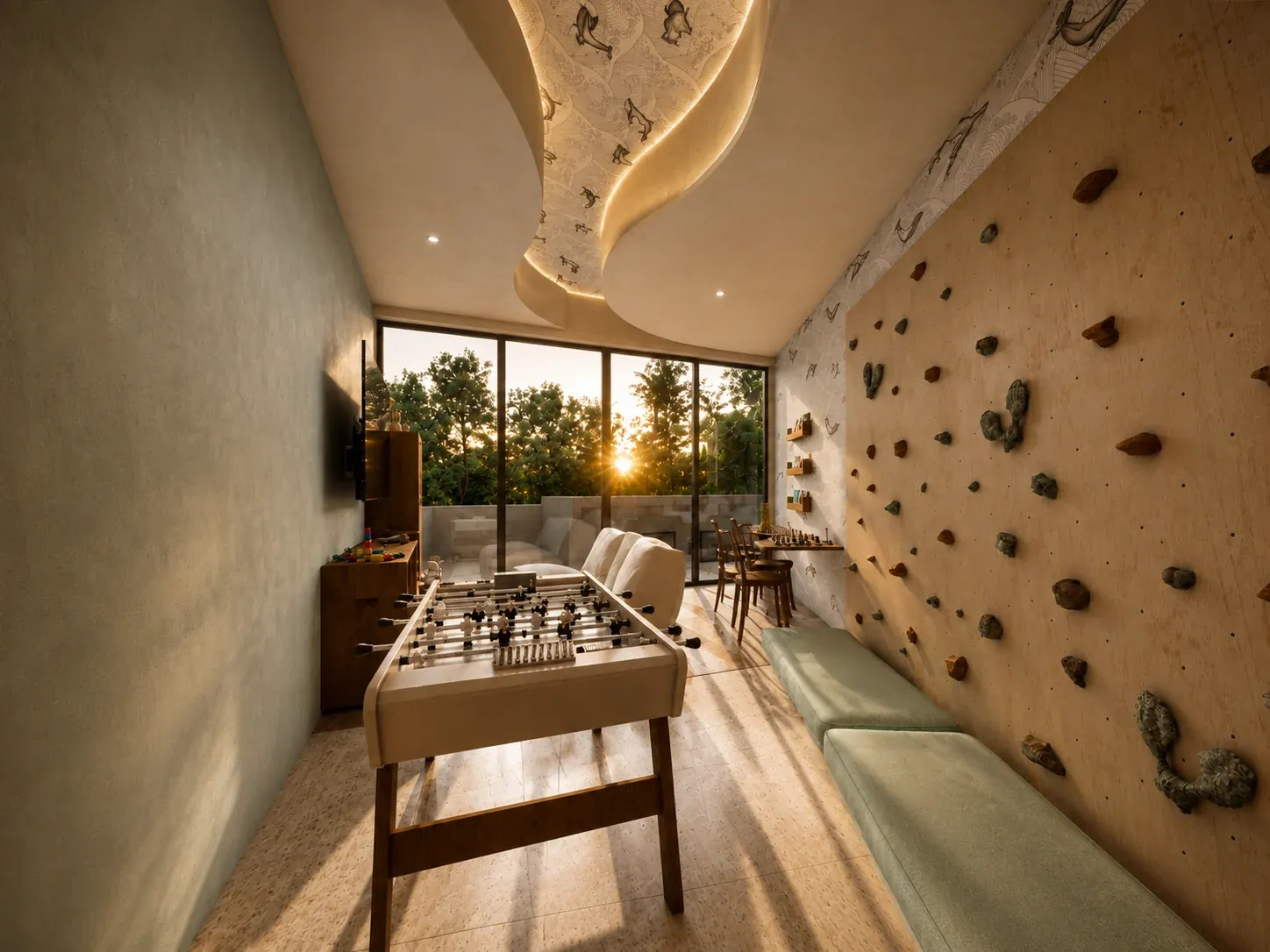 Kids’ Zone with play tables, seating and a climbing wall