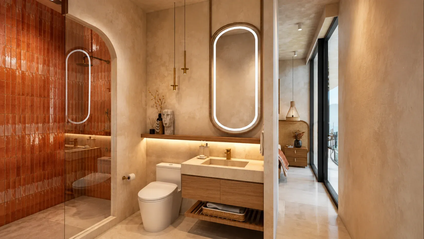 Bathroom interior and adjacent glazed corridor in a two-bedroom Nayari residence