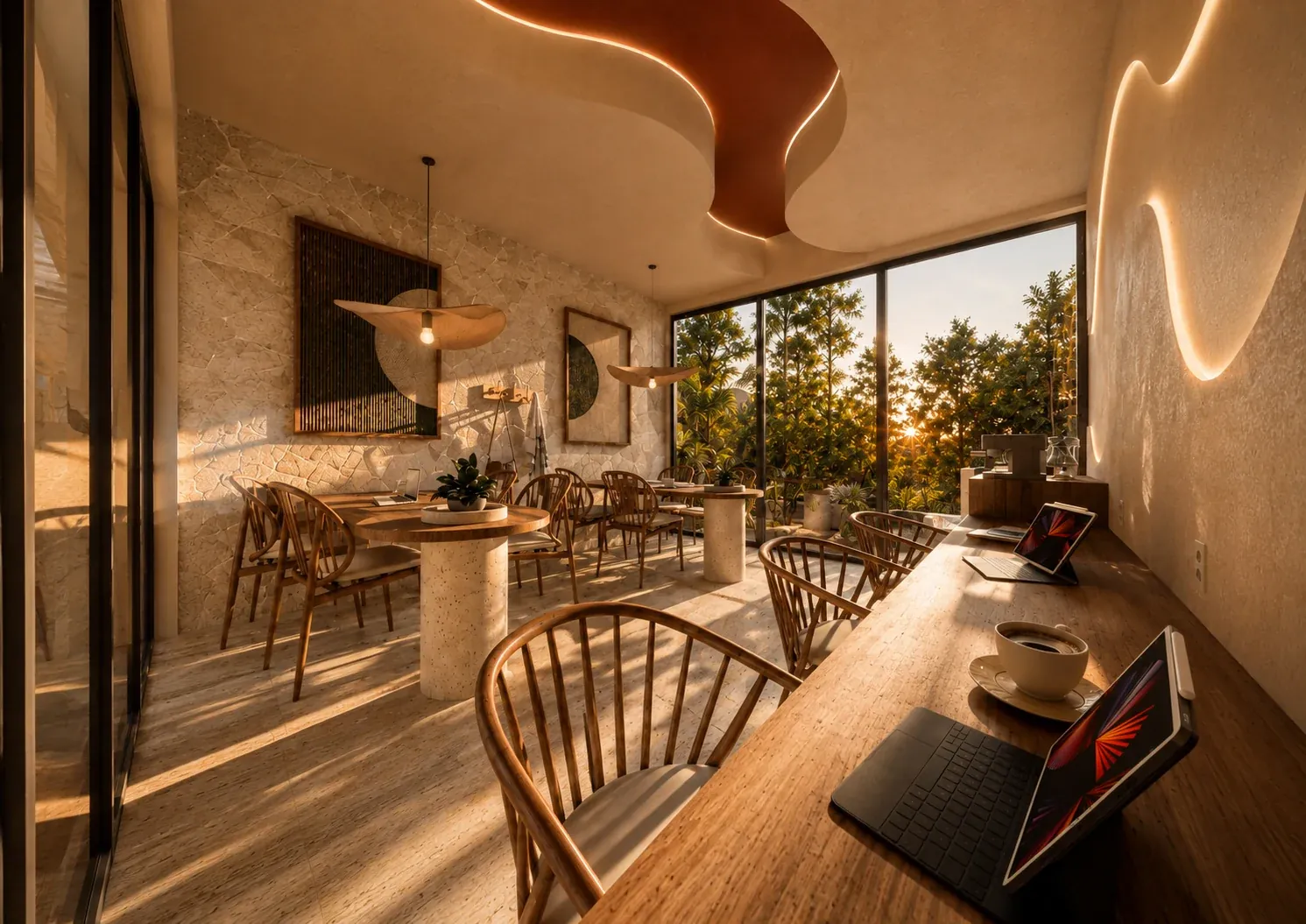 Coworking lounge with shared tables and warm natural finishes