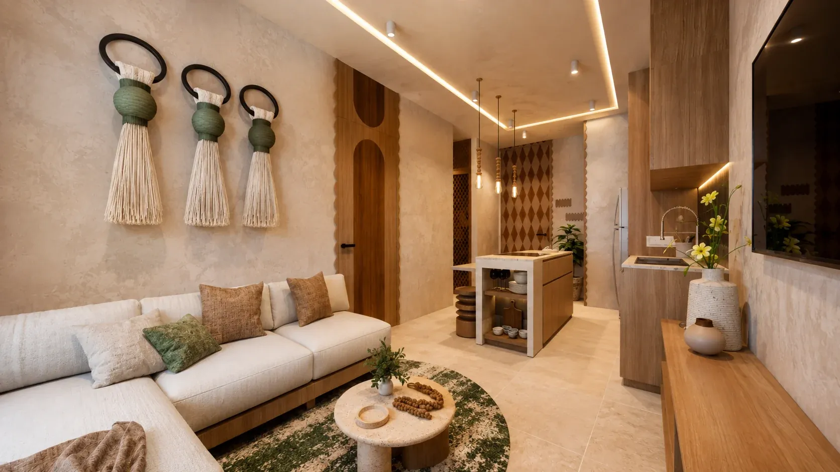 Living area and open kitchen in a one-bedroom Nayari residence