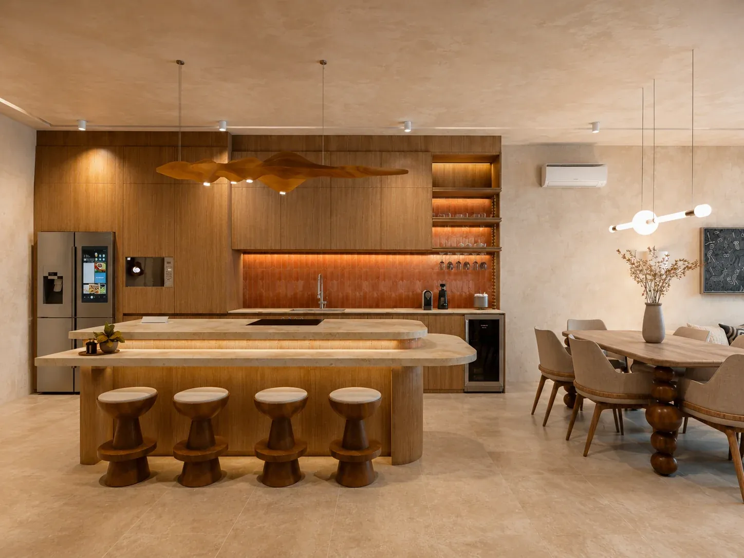 Nayari residence kitchen and living area opening toward the Pacific