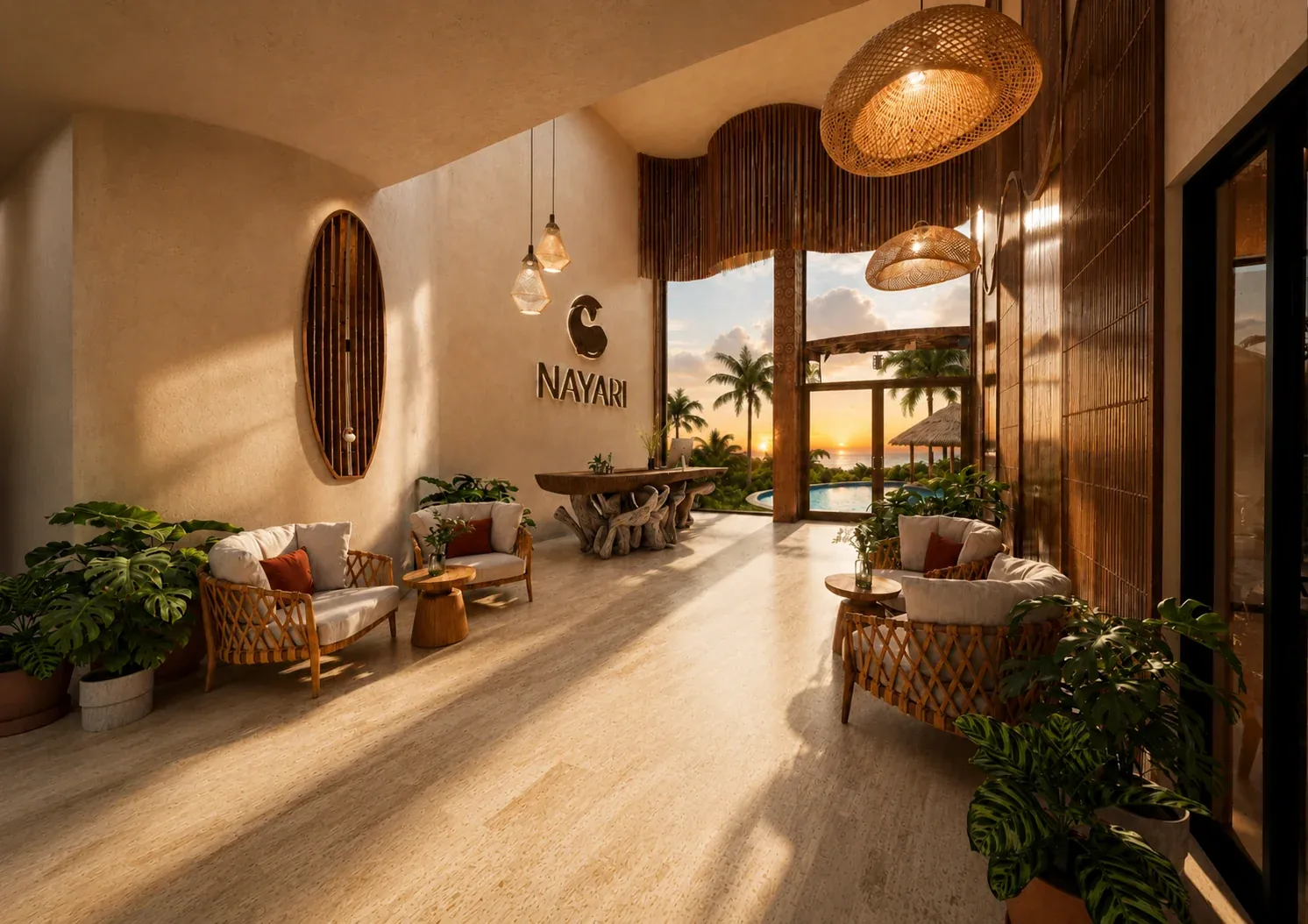Natural material details in Nayari’s arrival lobby